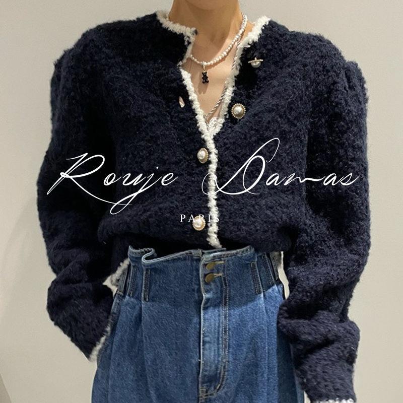 Áo Sweater Dệt Kim Tay Phồng Dáng Rộng Cài Nút Ngọc Trai Màu Sắc Tương Phản Xinh Xắn Cho Nữ