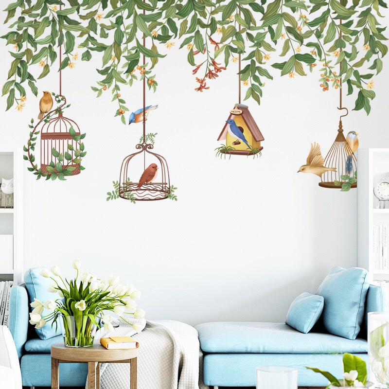 Decal trang trí tường - Rèm dây leo và những lồng chim nhỏ