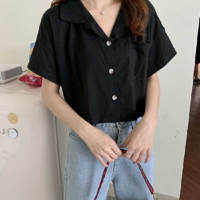 Áo sơ mi croptop ulzzang tay ngắn form rộng