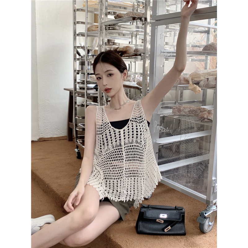 Áo Dệt Kim Sát Nách Dáng Rộng Phối Lỗ Thời Trang retro Hàn Quốc Cho Nữ