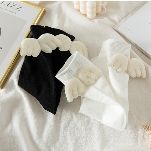 Tất vớ lolita đáng yêu cánh thiên thần vớ cổ ngắn màu trắng đen, tất nữ cotton phong cách Hàn Quốc