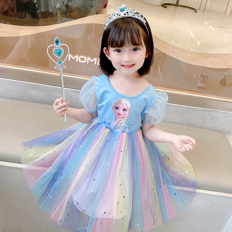 Đầm bé gái vải tuyn cầu vồng ngắn tay công chúa Frozen Elsa thời trang mùa hè 1-8 tuổi