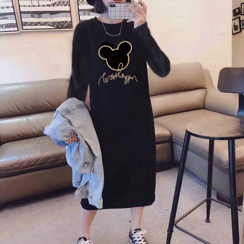 Váy xuông dài , váy suông bầu thu đông chất nỉ da cá Gemmy House mickey dài tay