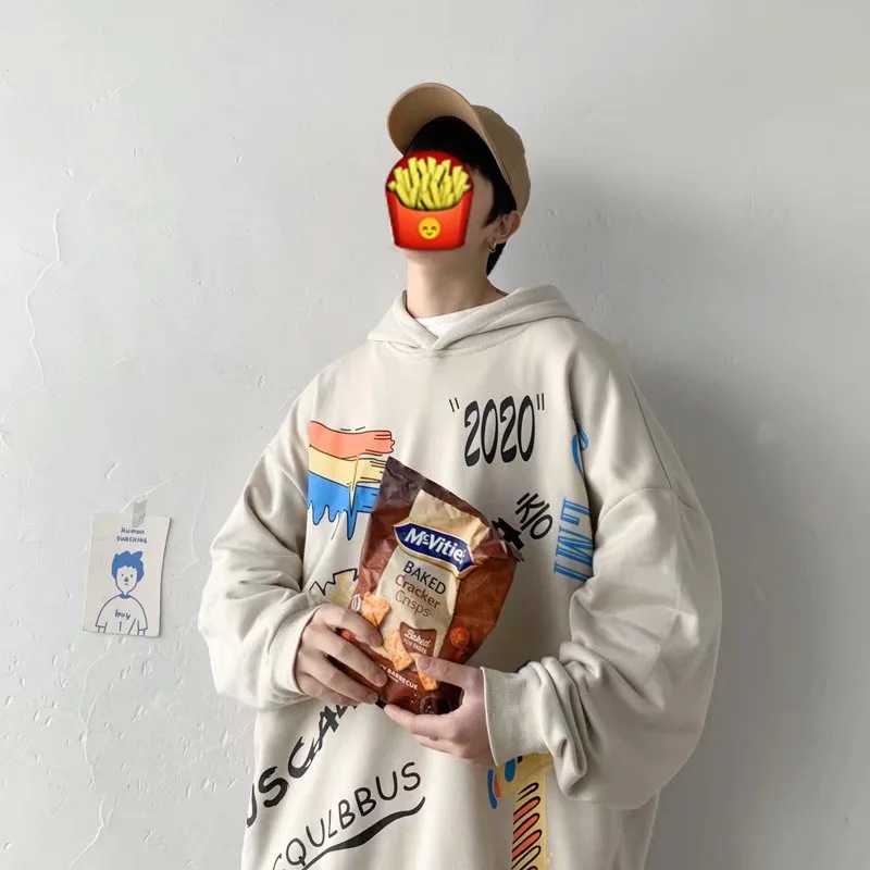 Áo Hoodie Dáng Rộng Họa Tiết Graffiti Cá Tính Cho Nam