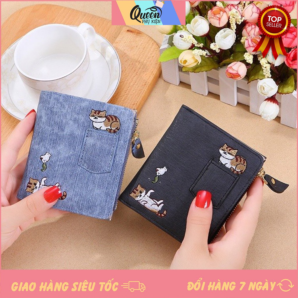 Ví Ngắn Nữ Mini Cầm Tay Cao Cấp Thêu 2 Chú Mèo Dễ Thương