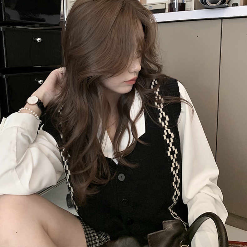 Áo len ZHELIHANGFEI không tay dáng rộng họa tiết kim cương theo phong cách đi học dễ phối đồ