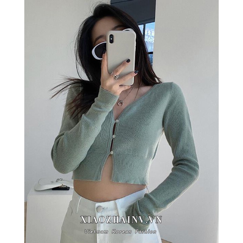 Áo Croptop Dệt Kim Tay Dài Màu Trơn Cài Nút 4 Màu Thời Trang Hàn Quốc Gợi Cảm Cho Nữ