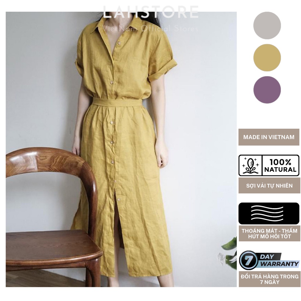 Đầm Sơ Mi Suông LAHSTORE, Chất Liệu Linen Bột, Cộc Tay Đuôi Tôm Dáng Dài (