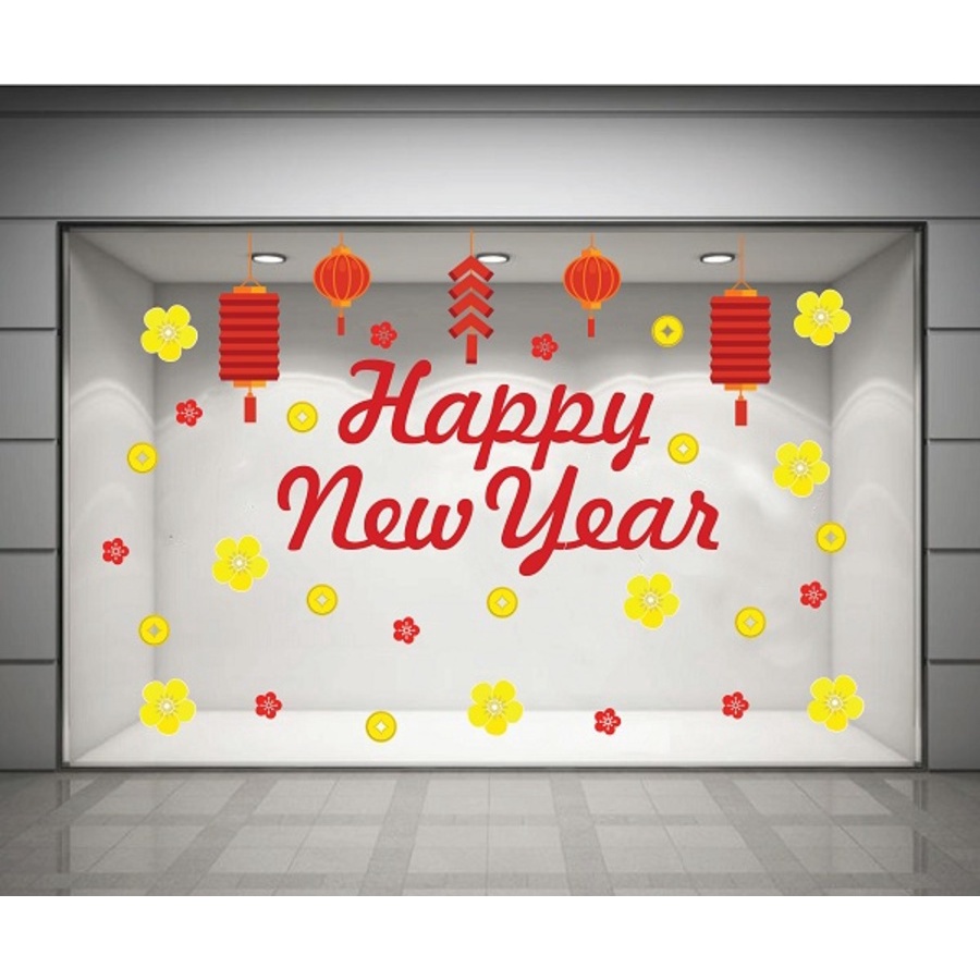 Decal dán kính và dán tường cao cấp trang trí tết Happy New Year giá rẻ siêu đẹp - Decal trang trí tết màu sắc nét