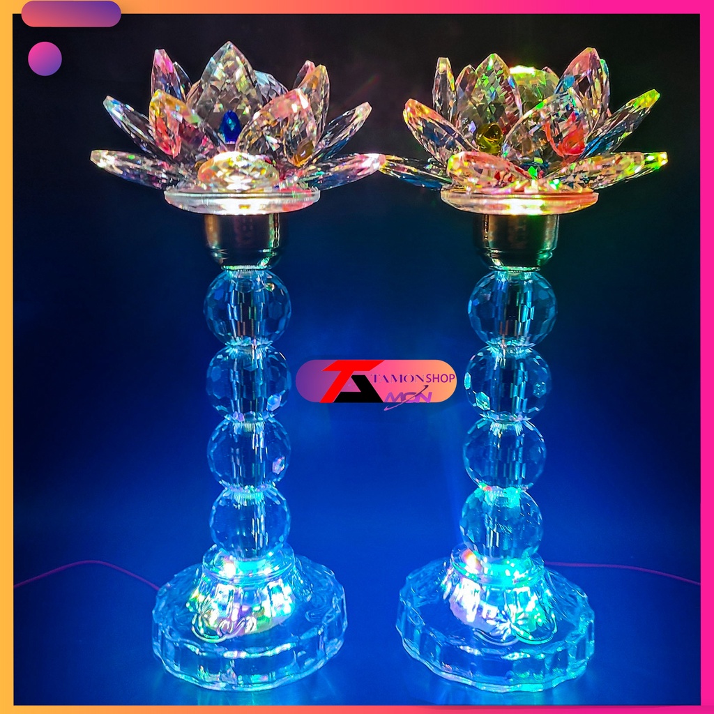 Cặp đèn thờ pha lê hoa sen CAO 35CM sáng toàn thân, tràn đèn thờ tổ tiên, thờ phật (PL-28)