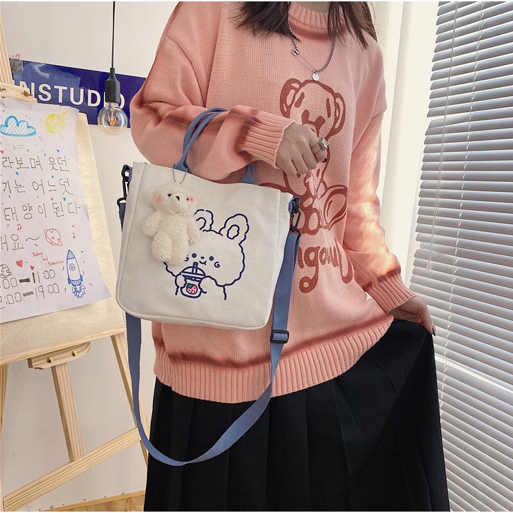 Túi tote vải canvas nữ đeo vai mini họa tiết gấu thỏ cute thời trang Ulzzang Hàn Quốc