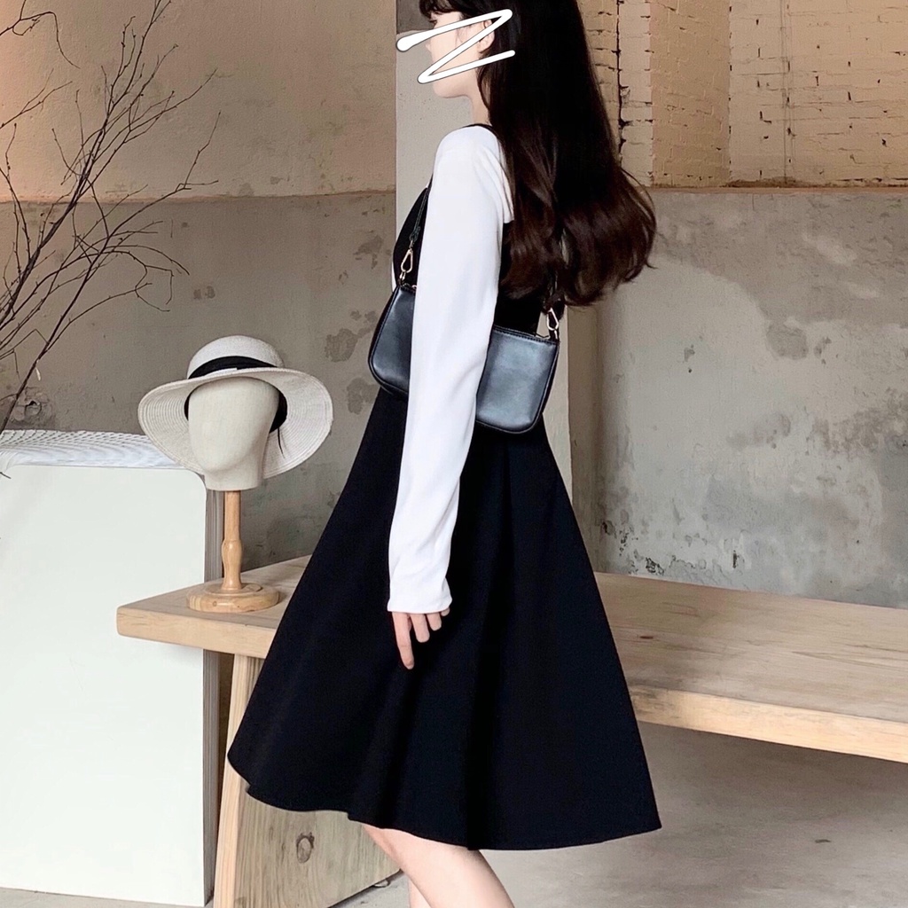 Đầm Nữ Tay Dài Cổ Chữ V Màu Sắc Tương Phản Phong Cách Pháp Thời Trang Thu Đông