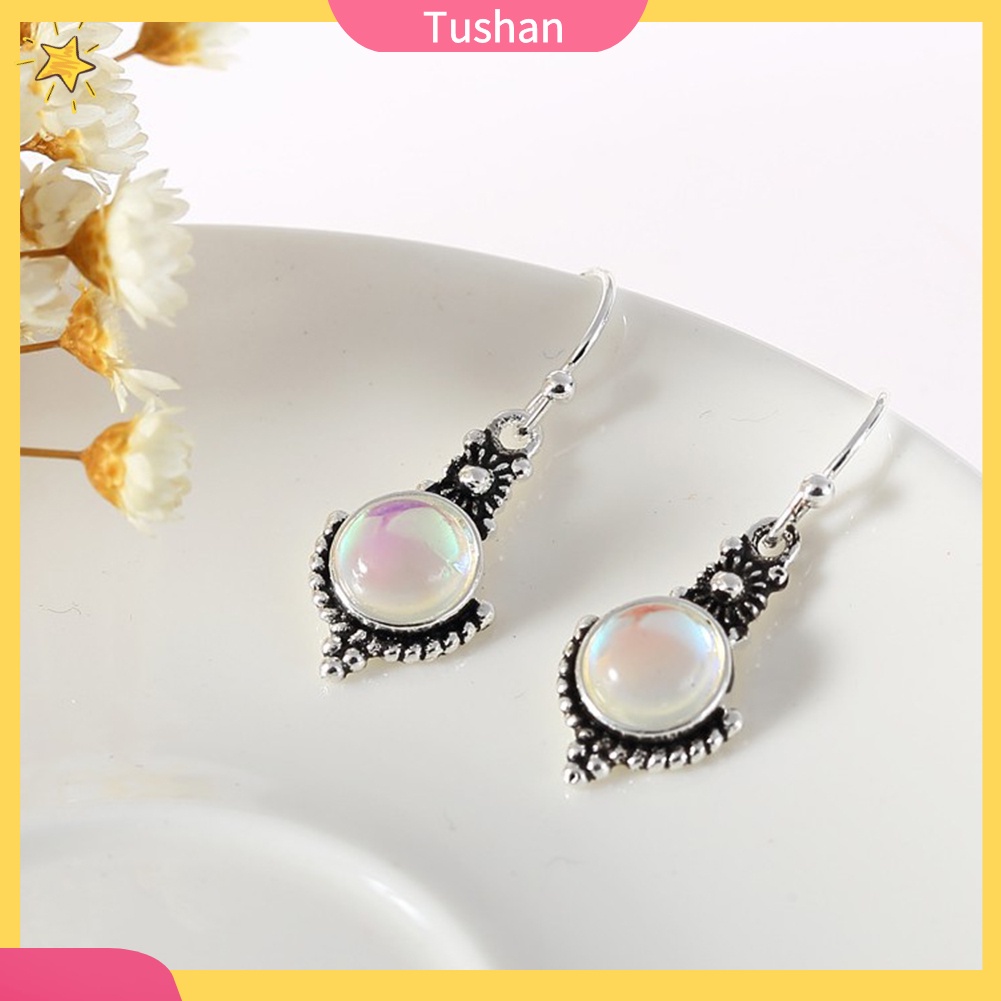 TUSH_Vintage Women Rainbow Color Faux Moonstone Gemstone Dangle Hook Earrings Jewelry
