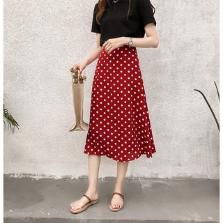 Chân váy dài chữ A họa tiết chấm bi phong cách vintage thời trang cho nữ