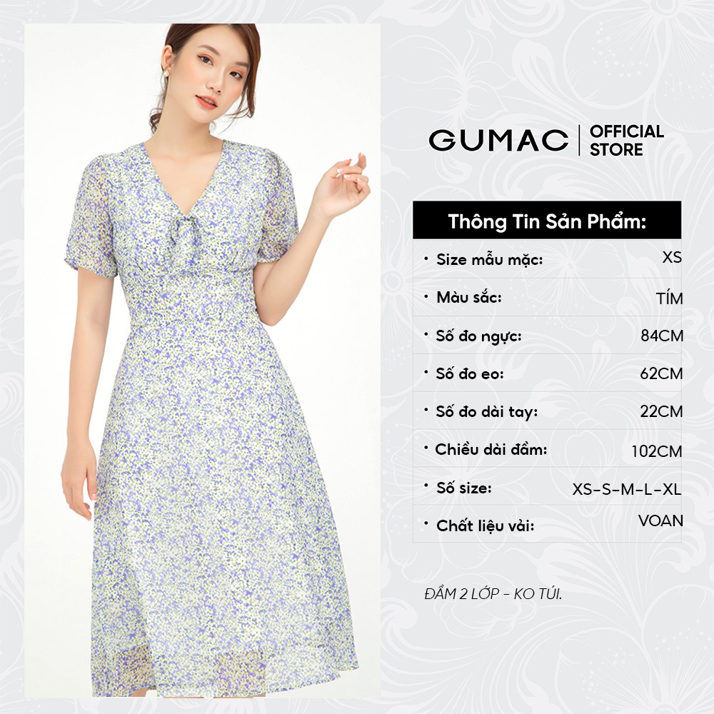 [Mã MABR07062 giảm 8% tối đa 50K đơn từ 249K] Đầm xòe nữ họa tiết hoa cổ V nơ tím GUMAC DB595 | BigBuy360 - bigbuy360.vn
