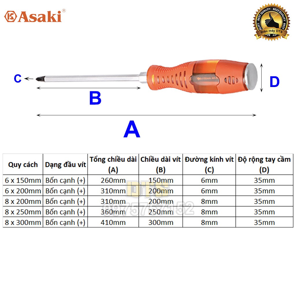 Tô vít đóng 4 cạnh, đầu bake Asaki thân lục giác, thép cứng CR-V cao cấp HRC55, có từ tính mạnh