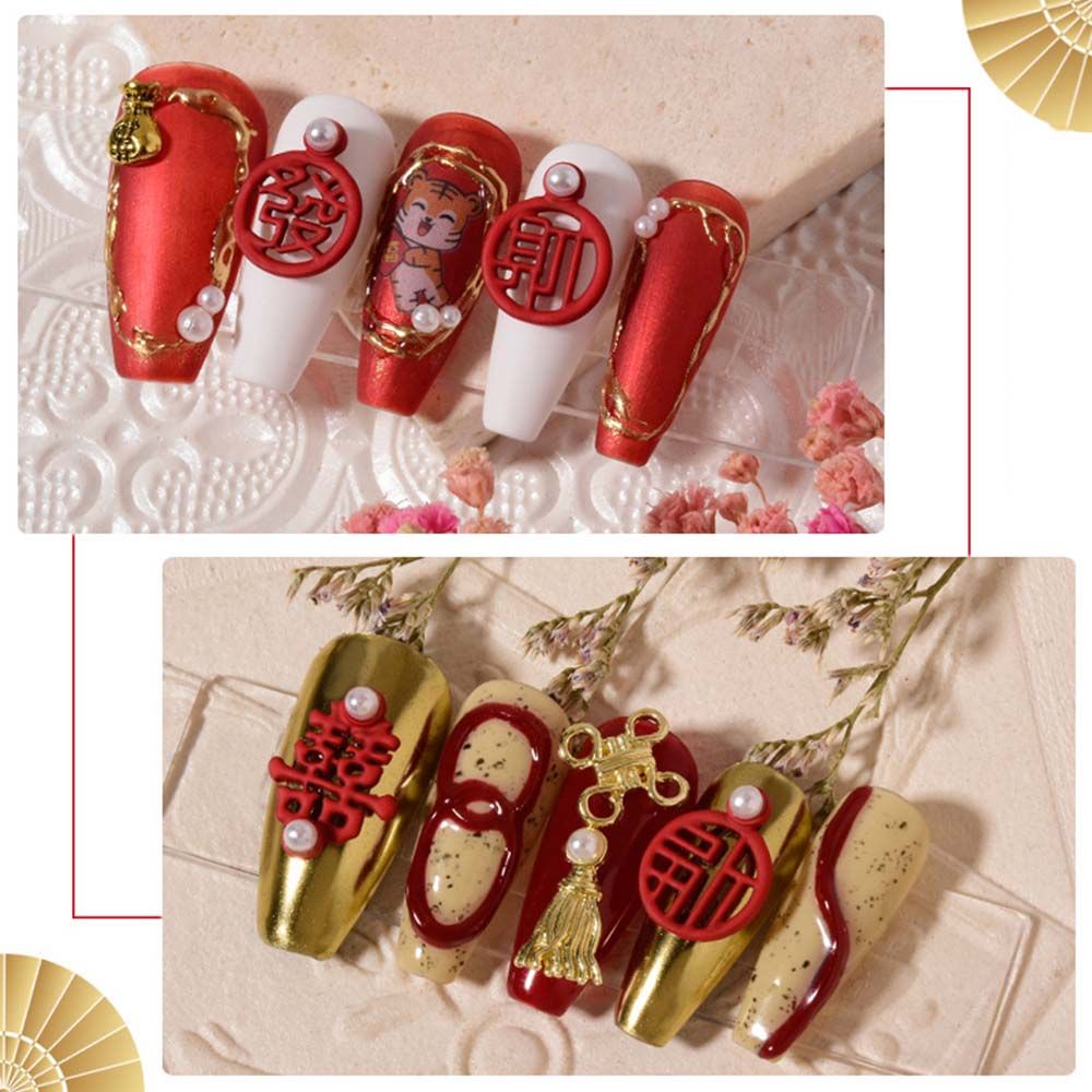 [Hàng mới về] Bộ phụ kiện bằng hợp kim màu đỏ may mắn phong cách trung hoa trang trí móng DIY