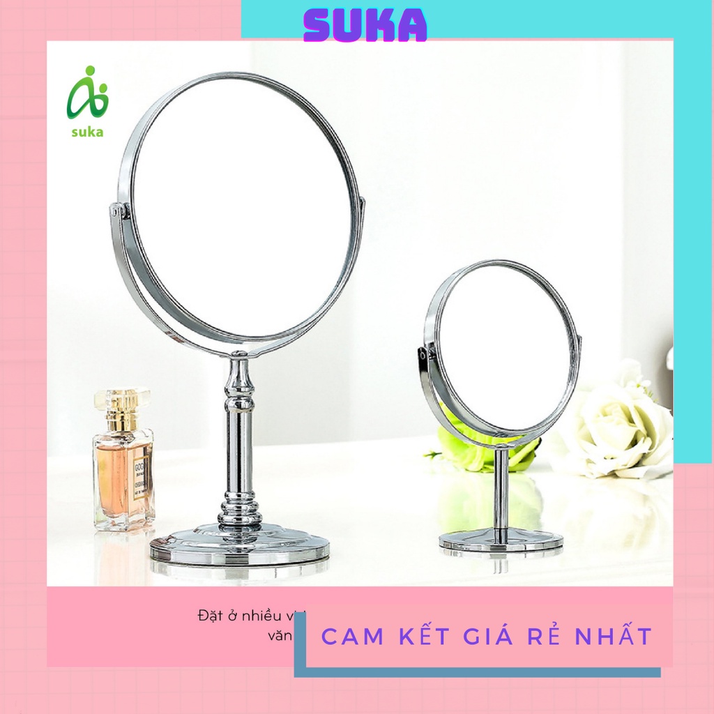 Gương để bàn trang điểm, gương soi hai mặt inox xoay 360 độ nhiều kích cỡ