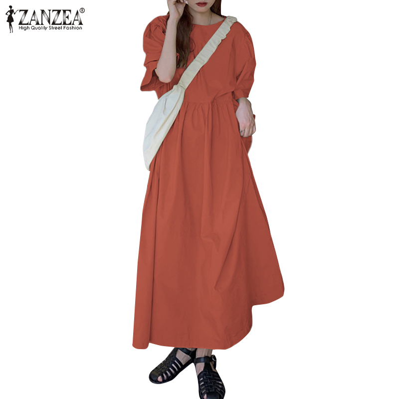 Đầm Dài ZANZEA Cổ Tròn Tay Lửng Thắt Eo Dáng Rộng Màu Trơn Dành Cho Bạn Nữ
