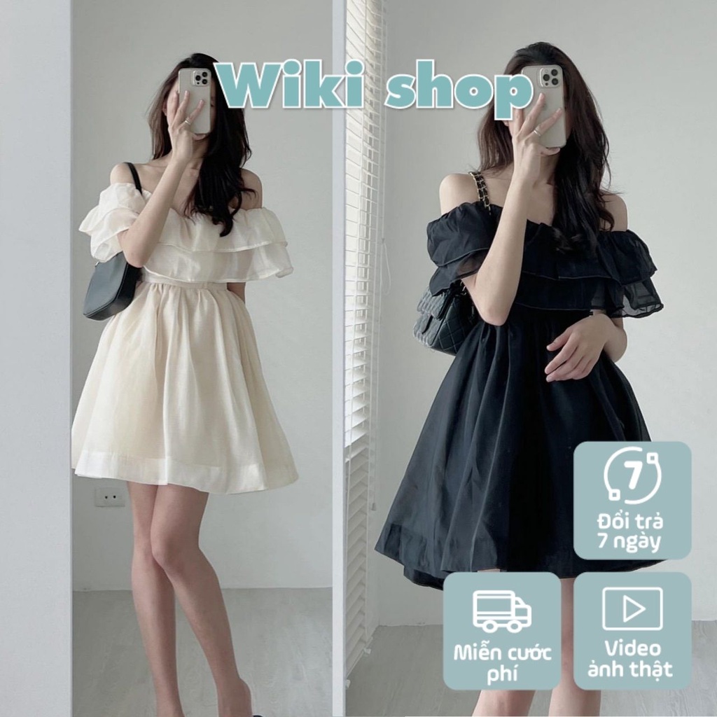 Váy đầm nữ trễ vai voan tơ tay bồng 2 lớp freesize dáng xòe ngắn đen be babydoll ulzzang hàn quốc sexy đi biển
