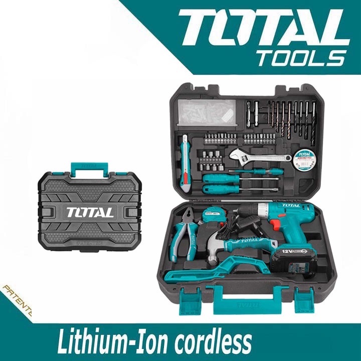 Máy khoan PIN 12V THKTHP11282 Bộ bao gồm 128 món đi kèm máy TOTAL TOOLS WORD