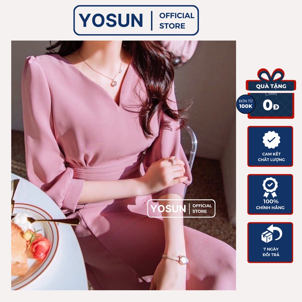 Đầm Nữ Dạo Phố Cổ V Đắp Chéo Thanh Lịch, Đầm Nữ Công Sở Xếp Li Eo Trang Nhã Màu Hồng