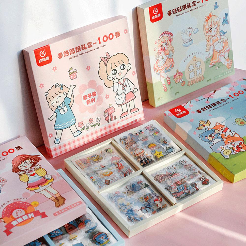 AUGUSTINA Bộ Nhãn Dán PET Dễ Thương Chống Nước Hình Cô Gái Động Vật Trang Trí Nhật Ký Album Ảnh