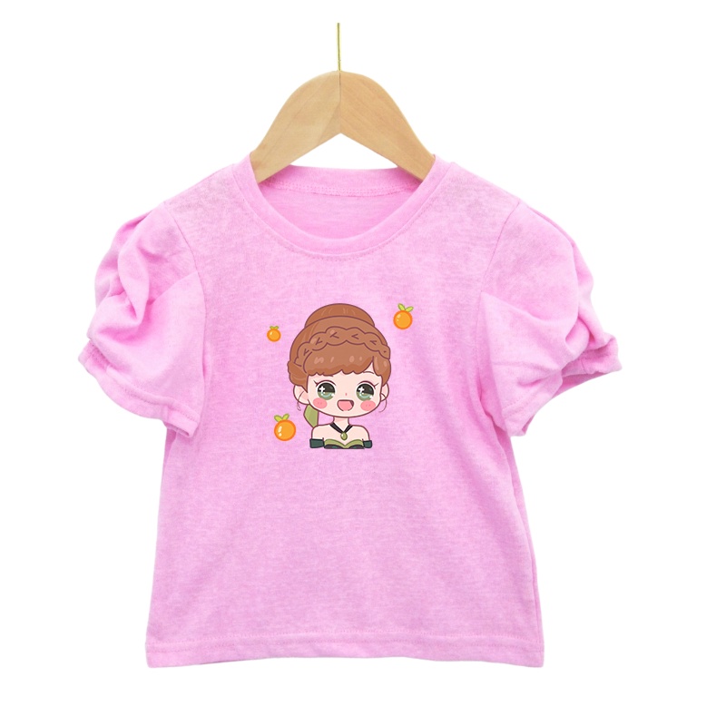 Áo Thun Cotton Tay Phồng Họa Tiết Hoạt Hình Xinh Xắn Dành Cho Bé Gái