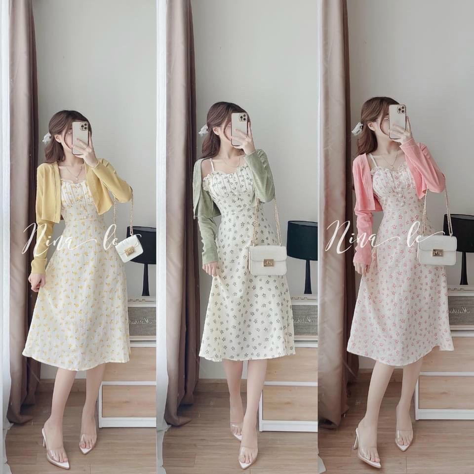 SÉT ĐẦM LỤA 2 DÂY HOA NHÍ XẾP LY NGỰC PHỐI NÚT, KÈM ÁO KHOÁC GÂN MẪU MỚI NHẤT XỊN SÒ CỰC XINH