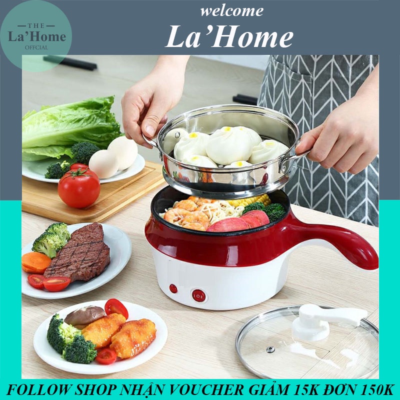 Nồi lẩu mini 2 tầng La'Home kèm giá hấp, nồi nấu mì nồi hấp mini nồi điện mini đa năng 2 tầng chính hãng