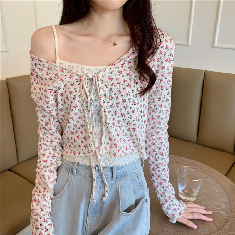 Korean Sweet Slim Sling + Floral Cardigan Sun Protection Two-piece Set | BigBuy360 - bigbuy360.vn