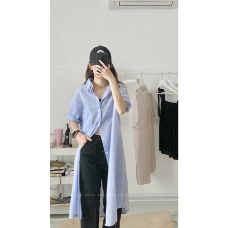 Đầm cổ sơmi nữ vải xốp kẻ sọc trời trang