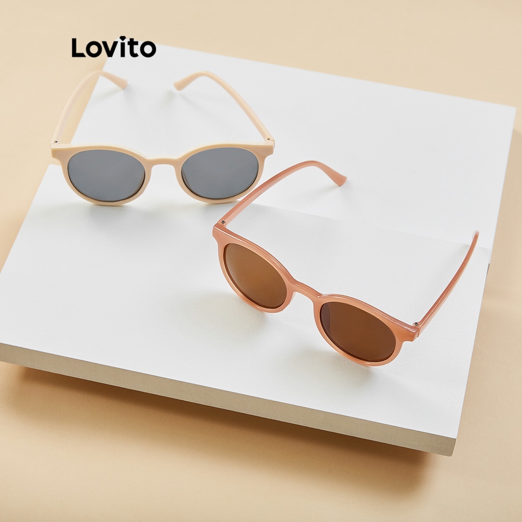 Kính mắt Lovito gọng tròn tròng có màu kiểu retro thường ngày với hộp đựng L17M182 (Màu be/Hồng)