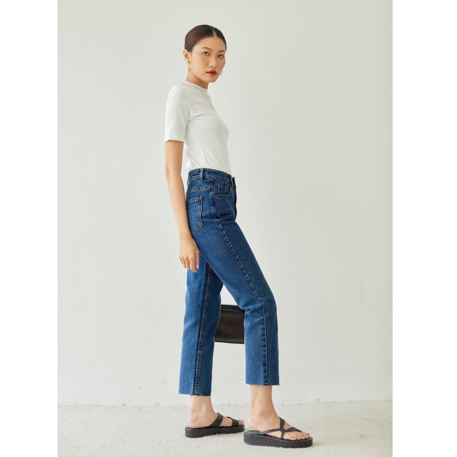 Quần Jeans Cotton Nữ Lưng Cao Form Straight Jeans Cutline Ống Đứng Màu Classic Blue  - Weier.Q