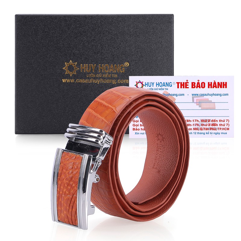 Dây nịt nam da cá sấu Huy Hoàng nguyên con bụng 4P đầu kim màu vàng bò HP4851