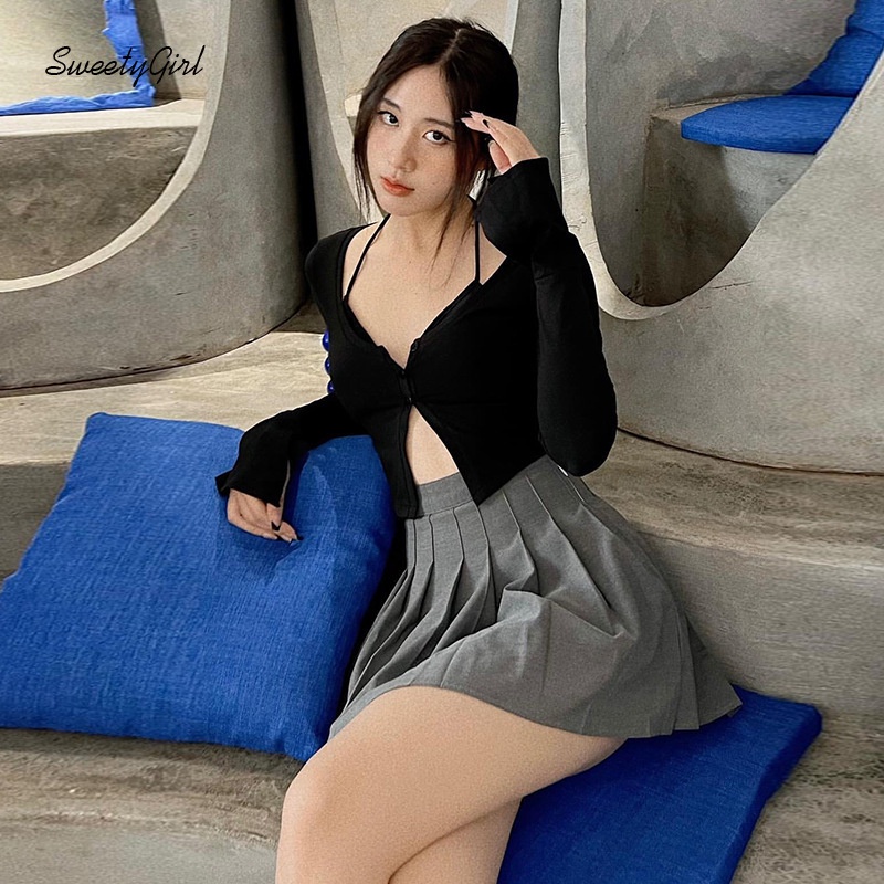 Áo Croptop Tay Dài Cổ Chữ V Màu Trơn Thời Trang 2022 Quyến Rũ Cho Nữ