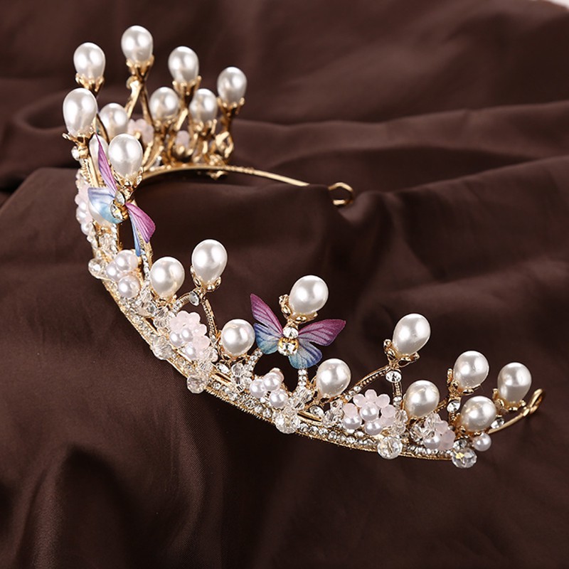 Vương Miện Trang Trí Cô Dâu Đính Ngọc Trai Và Kim Cương Nhân Tạo