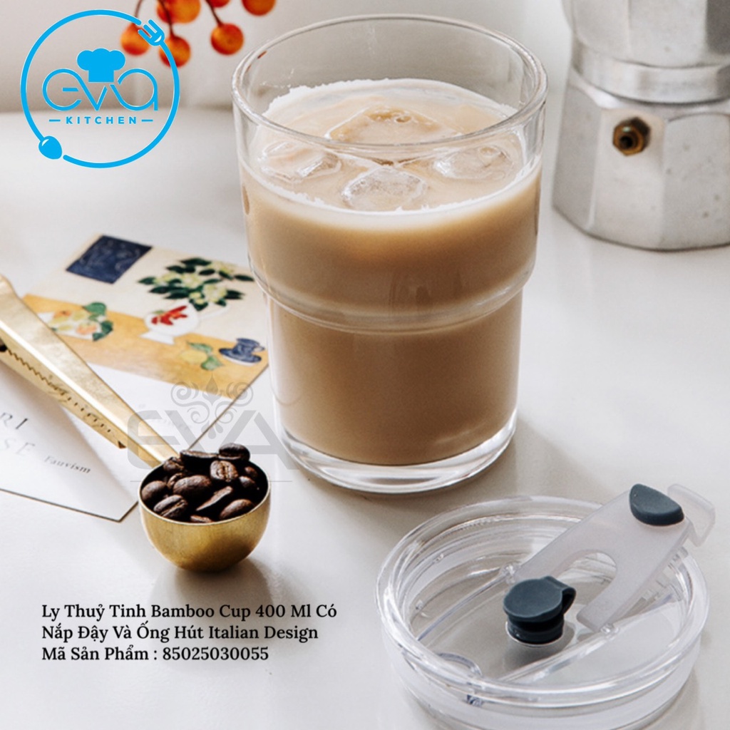 Ly Thuỷ Tinh Bamboo Cup 400 ML Phong Cách Ý Có Nắp Đậy Và Ống Hút Thuỷ Tinh Sang Trọng