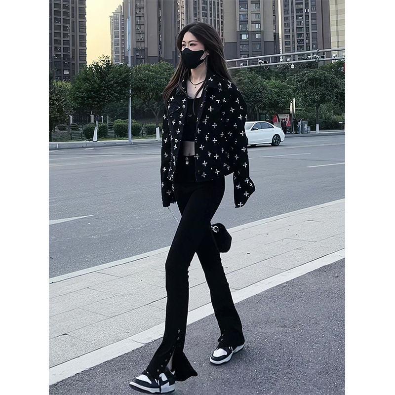 80-200 jin large-size black denim jacket for women's new Spring and Autumn Hong Kong style loose cross blouse