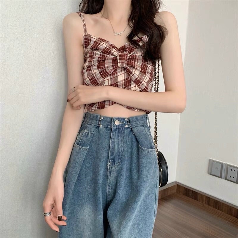 Áo 2 dây nơ hoạ tiết kẻ caro croptop dễ thương hàng QC