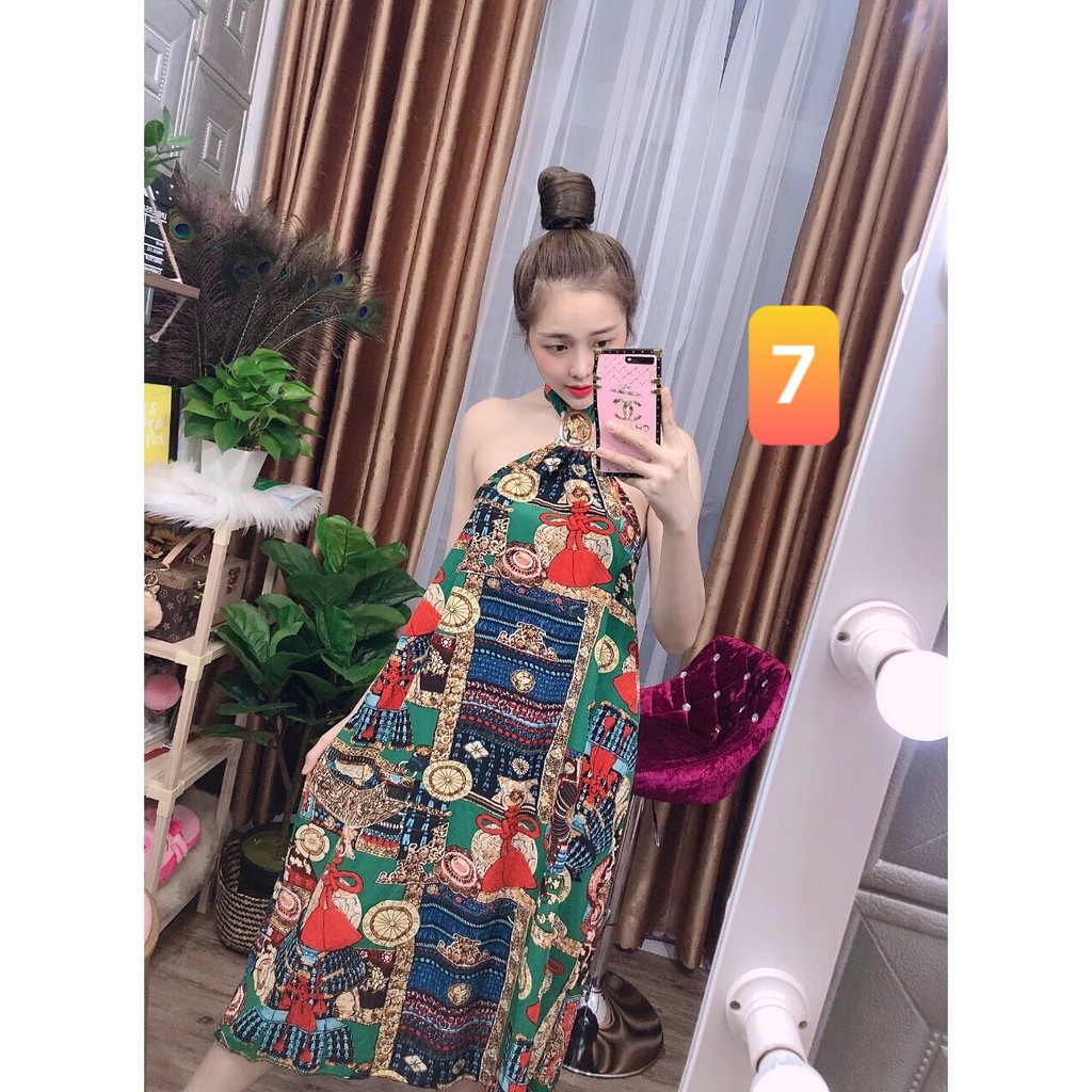 Đầm thổ cẩm cổ yếm phối khoen tròn + Ảnh thậti