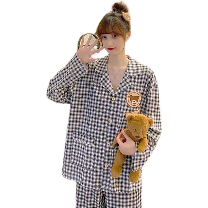 Đồ bộ - Đồ ngủ Pijama dài tay thêu gấu hoạ tiết caro | BigBuy360 - bigbuy360.vn