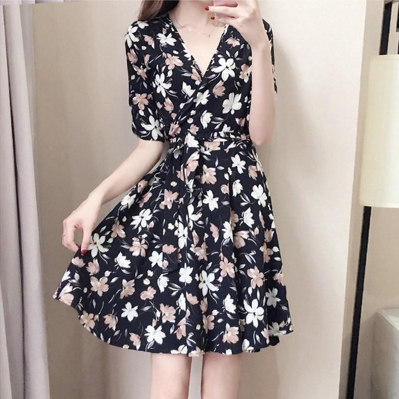 Đầm ngắn tay cổ chữ V in hoa thanh lịch cho nữ đầm hoa váy hoa nhí | BigBuy360 - bigbuy360.vn
