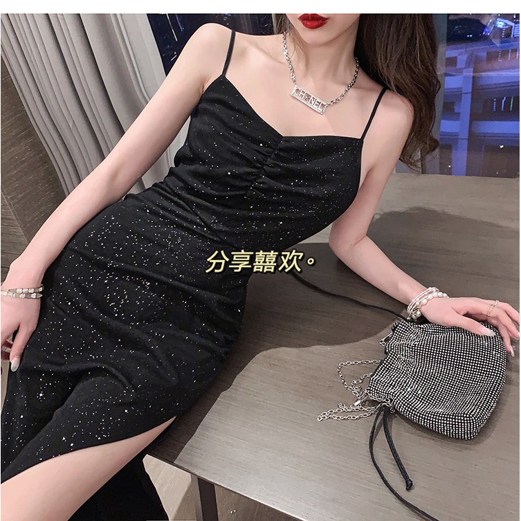 🌸Hàng Order🌸Váy Body Đen 2 Dây Sexy Xẻ Tà Lấp Lánh🌸Hàng Quảng Châu