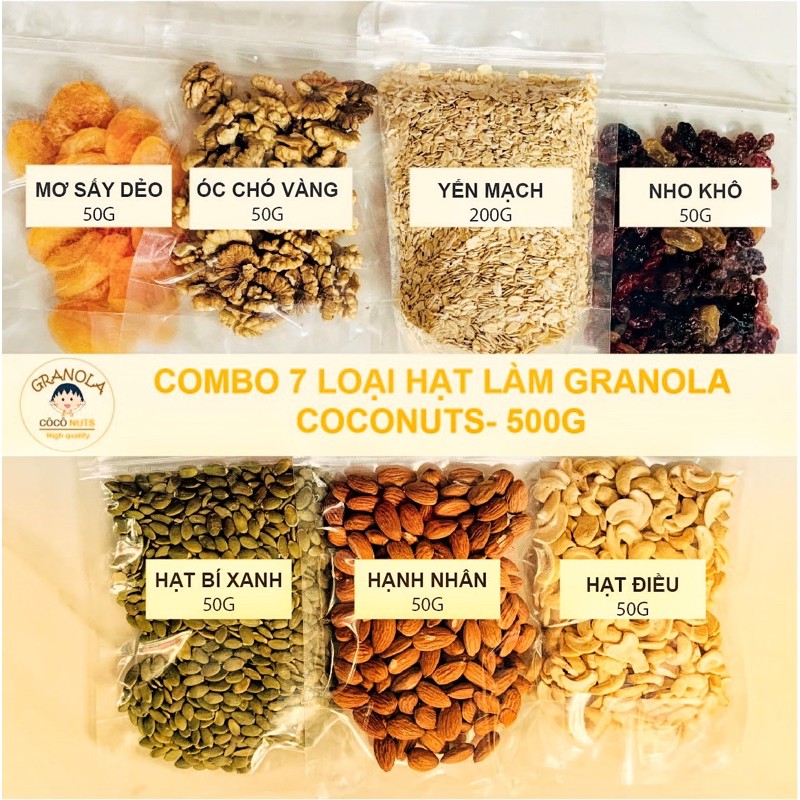 COMBO 500G HẠT DINH DƯỠNG SỐNG LÀM GRANOLA TẠI NHÀ (7 loại nguyên liệu)