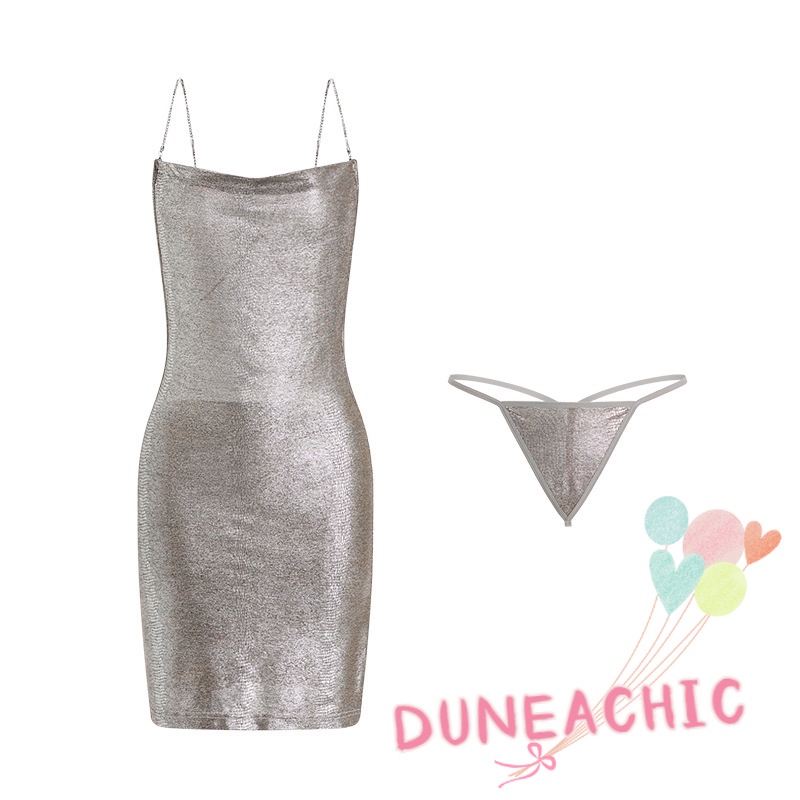 DUNEA Đầm Body Dây Xích Kim Loại Thiết Kế Cổ Chữ V Khoét Sâu Quyến Rũ