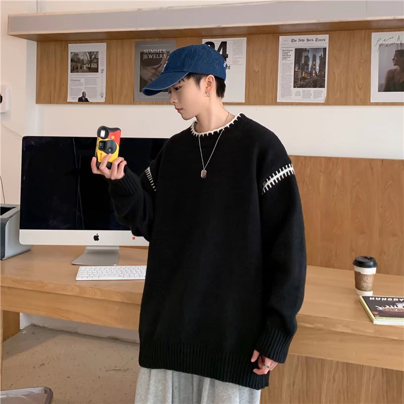 Áo sweater dệt kim tay dài cổ tròn phong cách retro hàn quốc thời trang cho nam