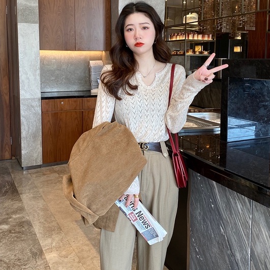 Áo dệt kim ZHELIHANGFEI tay dài cổ chữ V khoét sâu phong cách gợi cảm thời trang cho nữ