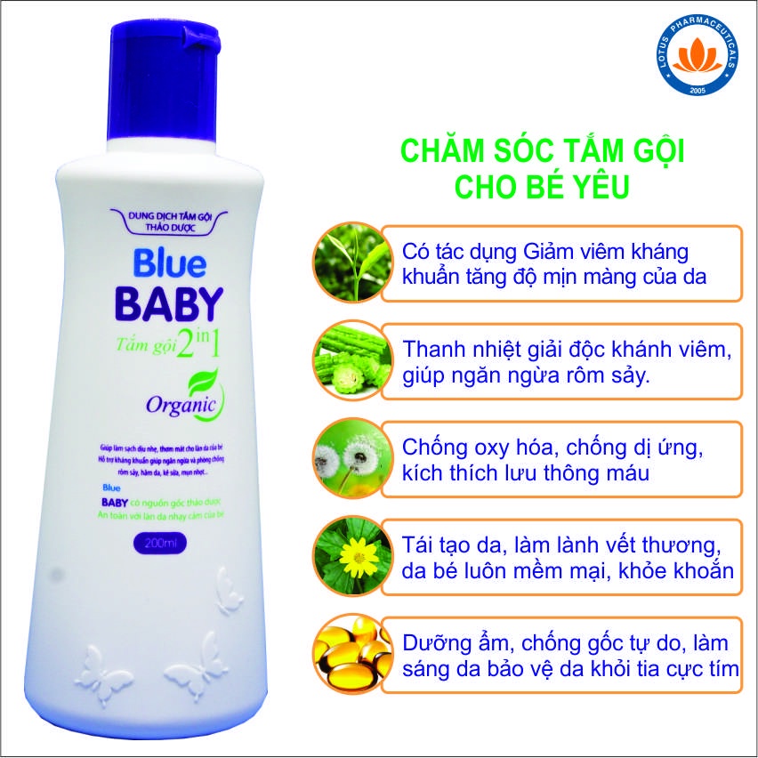 Blue Baby 2 in 1-Dung dịch tắm gội 2 trong 1, tắm gội cho trẻ em ngăn ngừa rôm sảy, vảy da đầu, lông măng. Tặng quà 39K