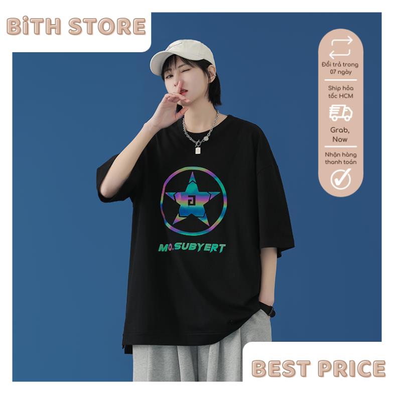 Áo thun nam nữ ngắn tay form rộng in phản quang ngôi sao năm cánh, chất thun cotton xịn mềm mát mặc mùa hè